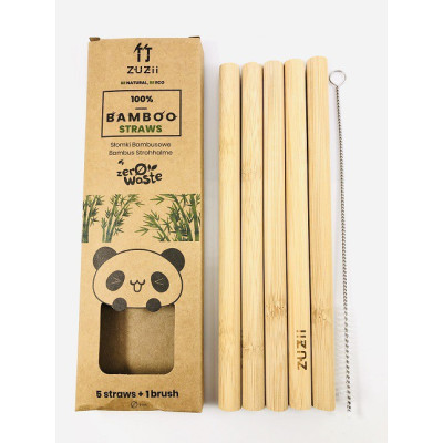 Bambusowe wielorazowe słomki do picia gęstych napojów, "bez skóry", 100% biodegradowalne, 5 sztuk + czyścik, Zuzii