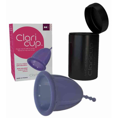 Kubeczek menstruacyjny Claricup z jonami srebra + pojemnik do dezynfekcji, fioletowy, rozmiar 2, Claripharm