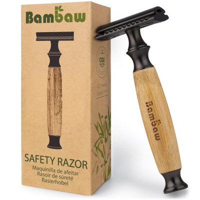 Wielorazowa maszynka do golenia na żyletki, z bambusowym uchwytem, Czarna, Classic Dark, Bambaw