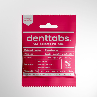 Tabletki do mycia zębów dla dzieci od 3 roku życia, TRUSKAWKOWE, z fluorem, Zero Waste, 125 szt., Denttabs