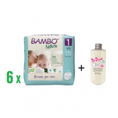 Zestaw: 6 x Pieluszki ekologiczne jednorazowe (1) XS, 2-4 kg, 22 szt., Bambo Nature + Szampon, Baby Anthyllis Zero