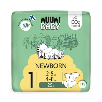 Pieluszki ekologiczne Newborn 1 (2-5 KG), 25 szt. dla noworodków, Muumi Baby